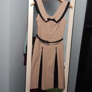 Stop Staring Beige Wiggle PinupDress w/Navy Detail